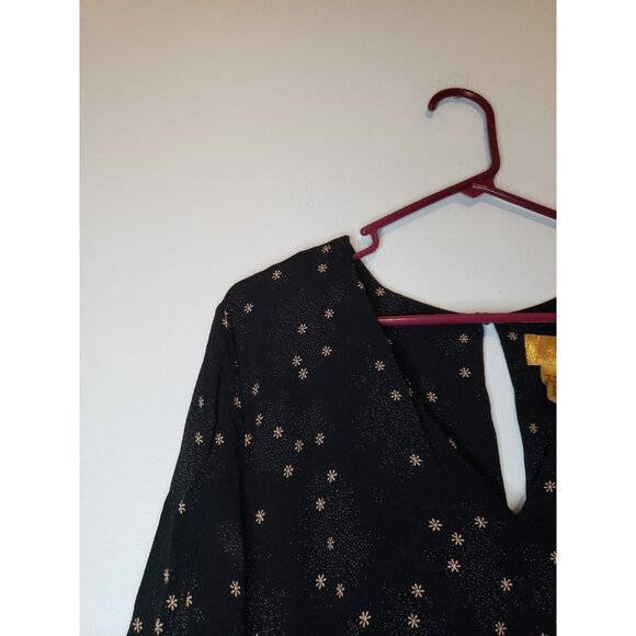H&M Womens Sz 8 Dress 3/4 Sleeve Flowers Gold Black V Neck A Line Midi Length - Picture 4 of 8